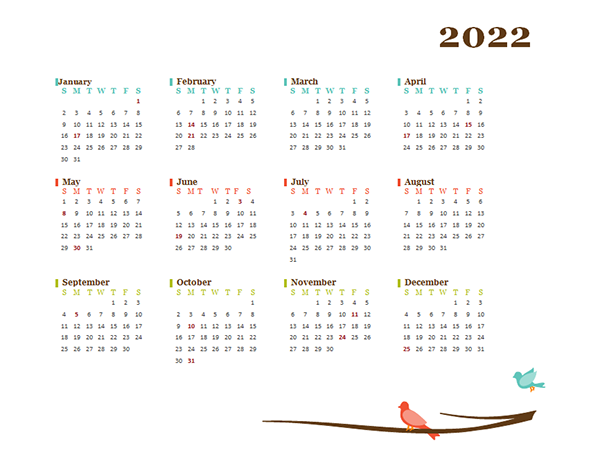 2022 annual calendar template word