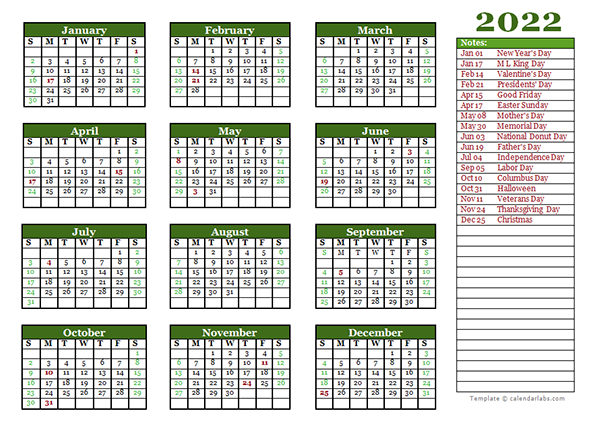 Editable 2022 Yearly Calendar Landscape