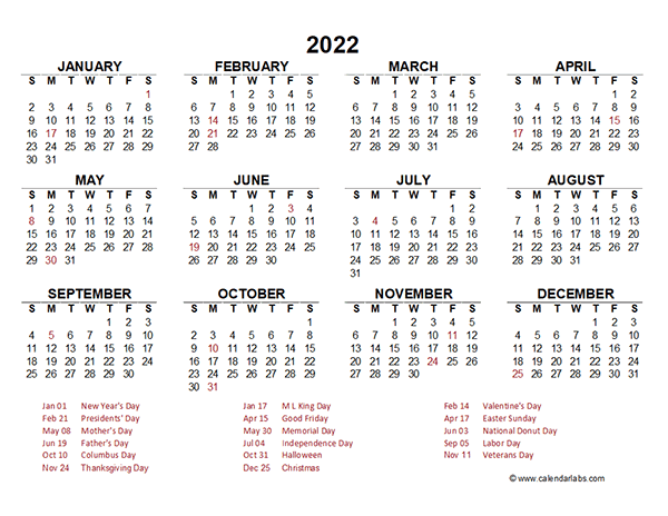 2022 Yearly Calendar Template Excel