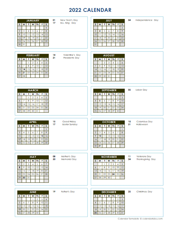 2022 Full Year Calendar Vertical Template