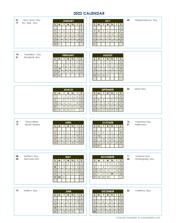 2022 Annual Calendar Vertical Template