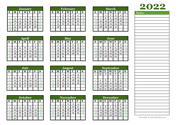 2022 Yearly Calendar With Blank Notes