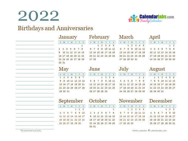2022 Yearly Family Calendar