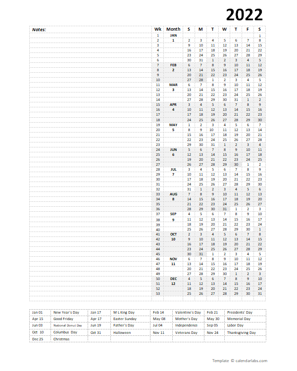 2022 calendar with holidays uk excel