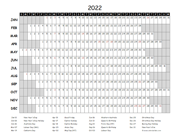 2022 Yearly Project Timeline Calendar Australia