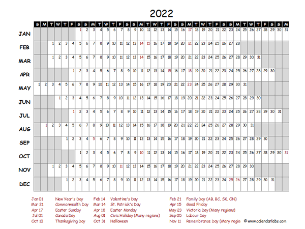 2022 Yearly Project Timeline Calendar Canada