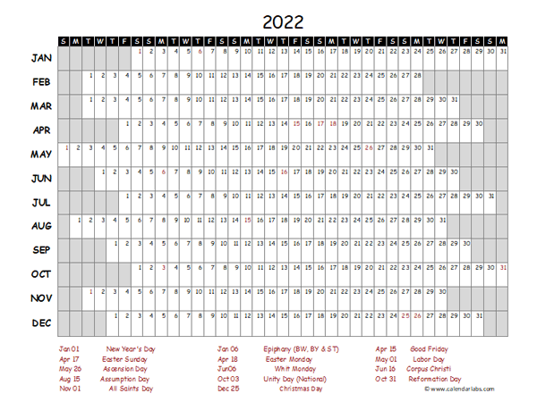 2022 Yearly Project Timeline Calendar Germany