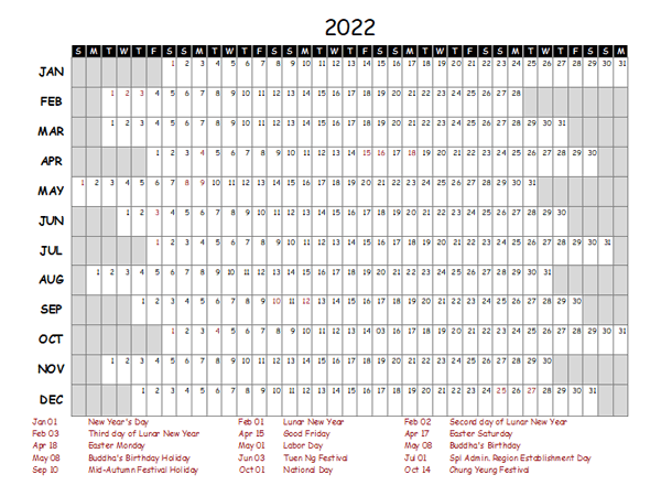 2022 Yearly Project Timeline Calendar Hong Kong