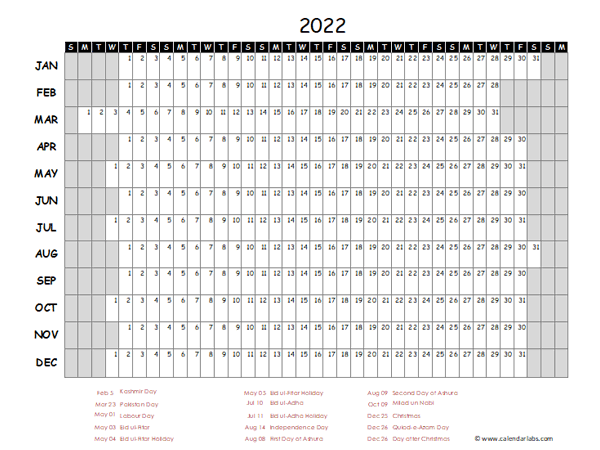 2022 Yearly Project Timeline Calendar Pakistan