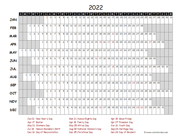 2022 Yearly Project Timeline Calendar South Africa