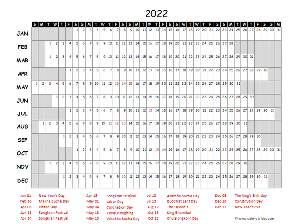 2022 Yearly Project Timeline Calendar Thailand