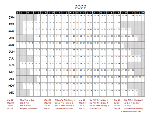 2022 Yearly Project Timeline Calendar UAE
