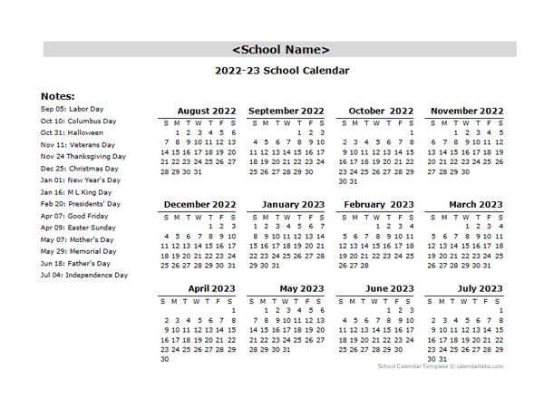 2022 Yearly School Aug-Jul Calendar With Holidays