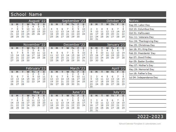 2022 Yearly School Horizontal Calendar Aug