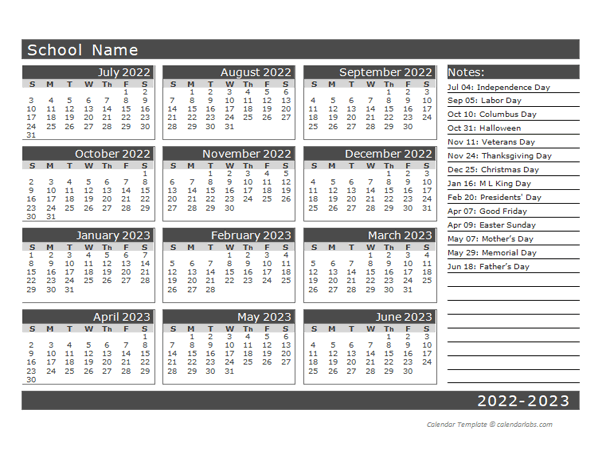 2022 Yearly School Horizontal Calendar Jul