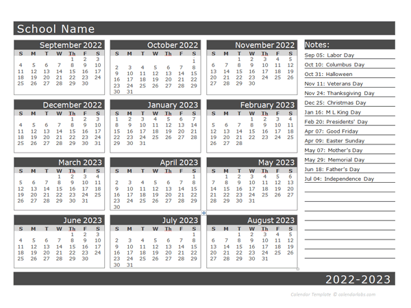 2022 Yearly School Horizontal Calendar Sep