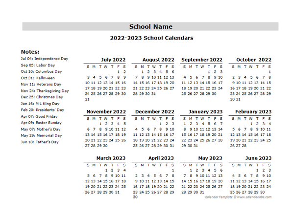 2022 Yearly School Jul-Jun Calendar With Holidays