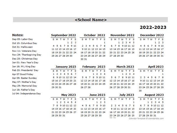 2022 Yearly School Sep-Aug Calendar With Holidays