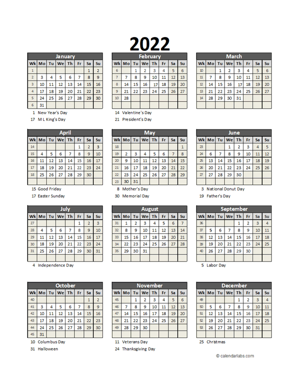 Editable 2022 Yearly Spreadsheet Calendar
