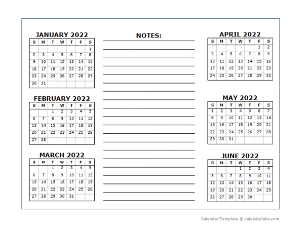 6 Months Per Page Calendar Template 2022