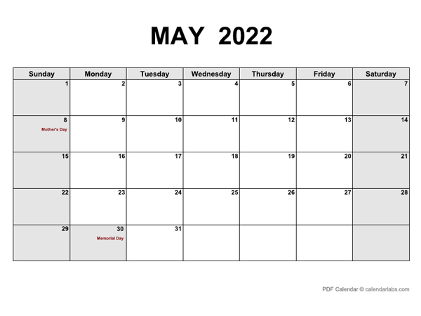 May 2022 Calendar with Holidays | CalendarLabs