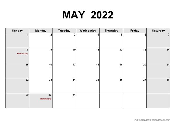 may 2022 blank calendar