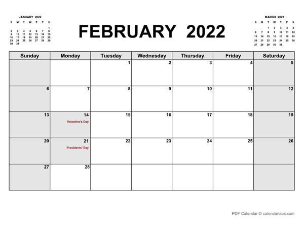 February 2022 Calendar CalendarLabs