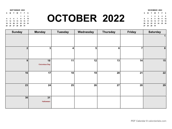 October 2022 Calendar CalendarLabs