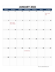 2022 Australia Calendar Spreadsheet Template