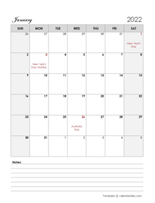 2022 Australia Calendar Template Large Boxes