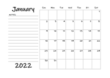 2022 Blank Calendar Template With Notes