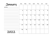 2022 Blank Calendar Template with Notes