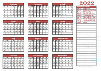 2022 Buddhist Festivals Calendar Template