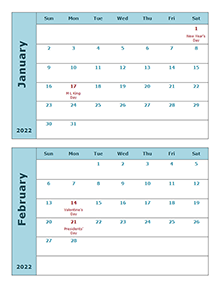 2022 Calendar Template Two Months Per Page