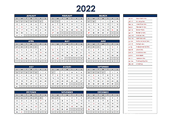 2022 Excel Yearly Calendar