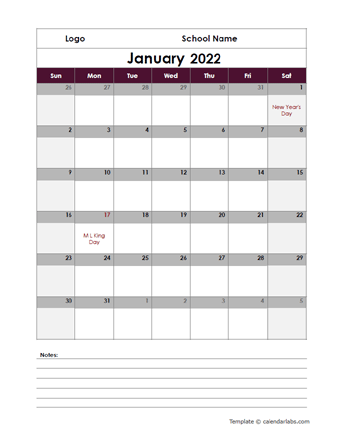 2022 Google Docs School Calendar Notes