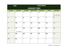 2022 Google Docs School Monthly Calendar