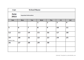 2022 Google Docs School Monthly Jun Calendar