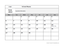 2022 Google Docs School Monthly Jun Mon Calendar