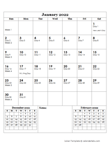 2022 Yearly Julian Calendar Free Printable Templates