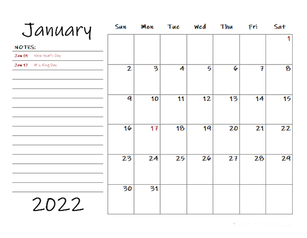 2022 Monthly Calendar With Monthly Notes