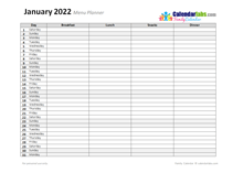 2022 Monthly Menu Planner