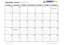 2022 Monthly Menu Planner