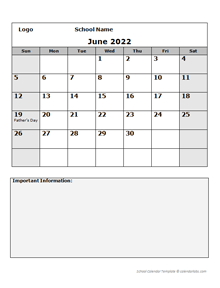 2022 Monthly School Jun-Sep Calendar