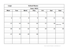 2022 Monthly School Mon Jun-Sep Calendar