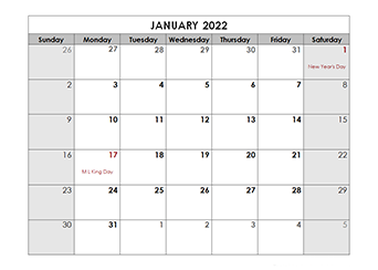 2022 Monthly US Holidays LibreOffice Calendar