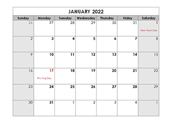 2022 Monthly Calendar with US Holidays