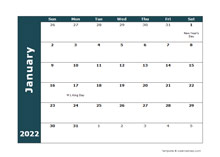 2022 Monthly Word Calendar Landscape Format