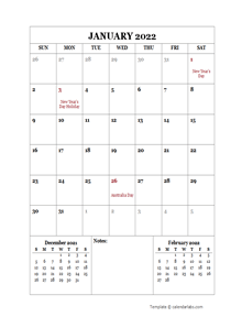 2022 Printable Calendar with Australia Holidays  