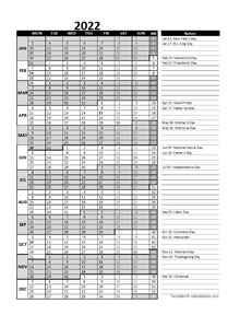 2022 Business Project Planning Calendar With Week Number